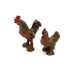 Rooster Hen Chicken Figurine Set Ceramic Miniature Farm Birds Pair